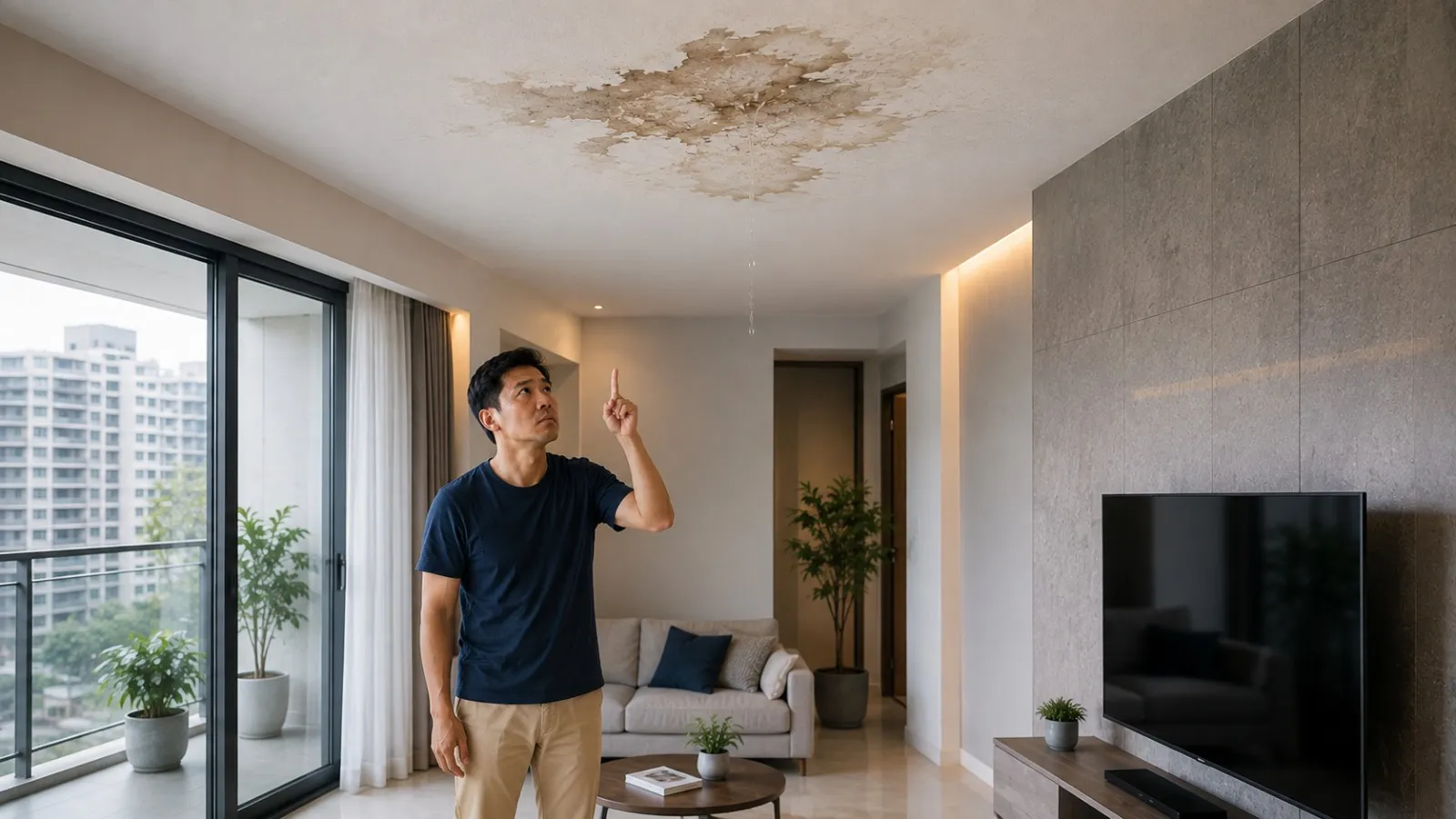 Man pointing at a water stain and drip spreading across the ceiling of a Singapore condominium living room